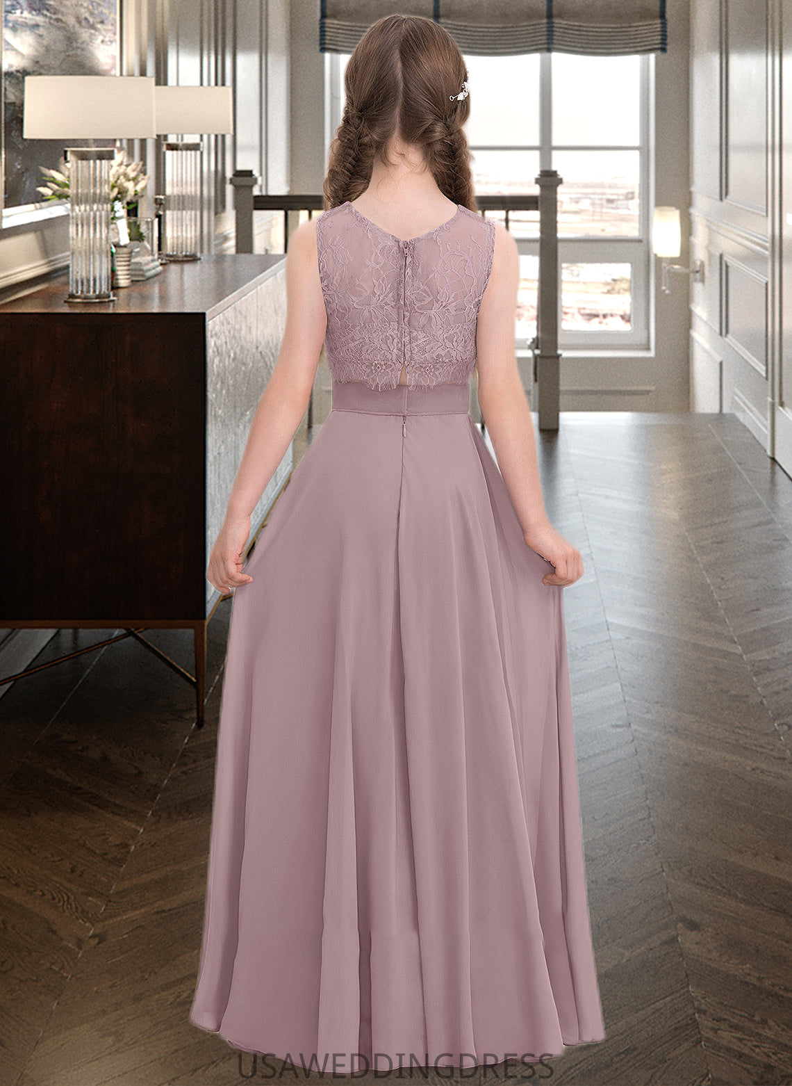 Nancy A-Line Scoop Neck Floor-Length Chiffon Junior Bridesmaid Dress DSP0013316