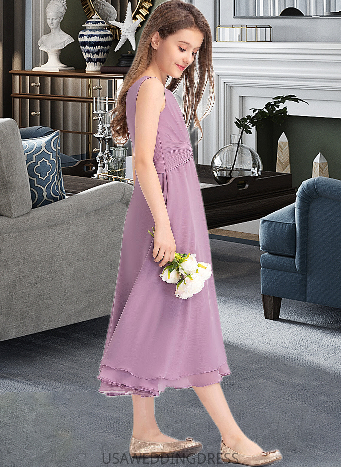 Annabella A-Line Scoop Neck Tea-Length Chiffon Junior Bridesmaid Dress With Ruffle DSP0013317