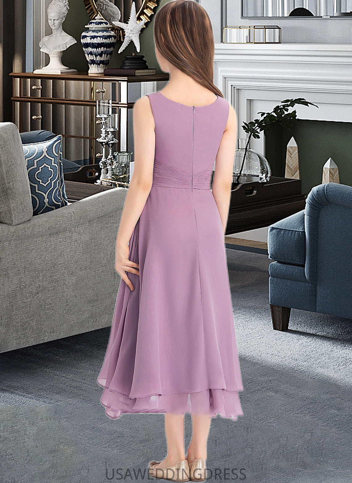 Annabella A-Line Scoop Neck Tea-Length Chiffon Junior Bridesmaid Dress With Ruffle DSP0013317