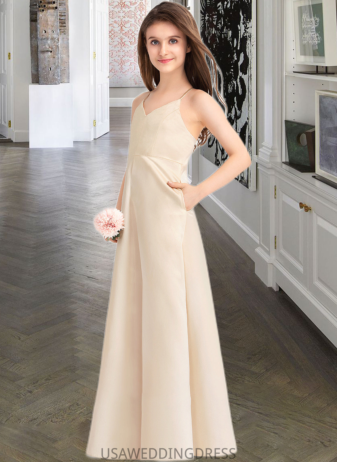 Jaylee A-Line V-neck Floor-Length Satin Junior Bridesmaid Dress With Pockets DSP0013319