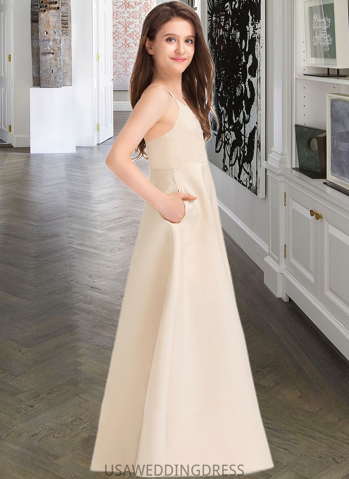 Jaylee A-Line V-neck Floor-Length Satin Junior Bridesmaid Dress With Pockets DSP0013319