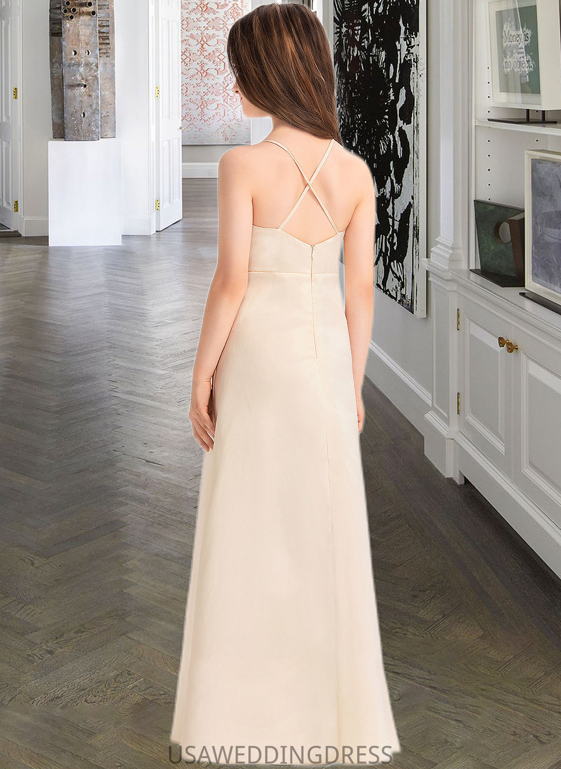 Jaylee A-Line V-neck Floor-Length Satin Junior Bridesmaid Dress With Pockets DSP0013319