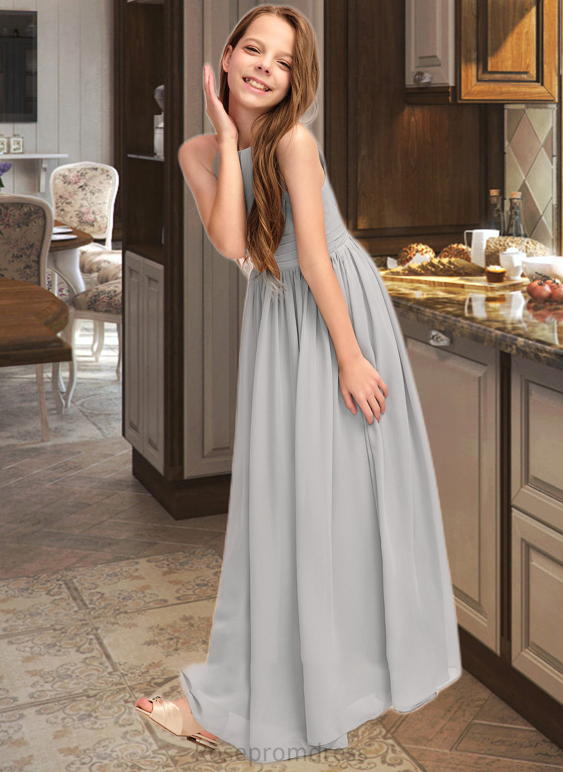 Alexus A-Line Scoop Neck Floor-Length Chiffon Junior Bridesmaid Dress With Ruffle SRSP0013325