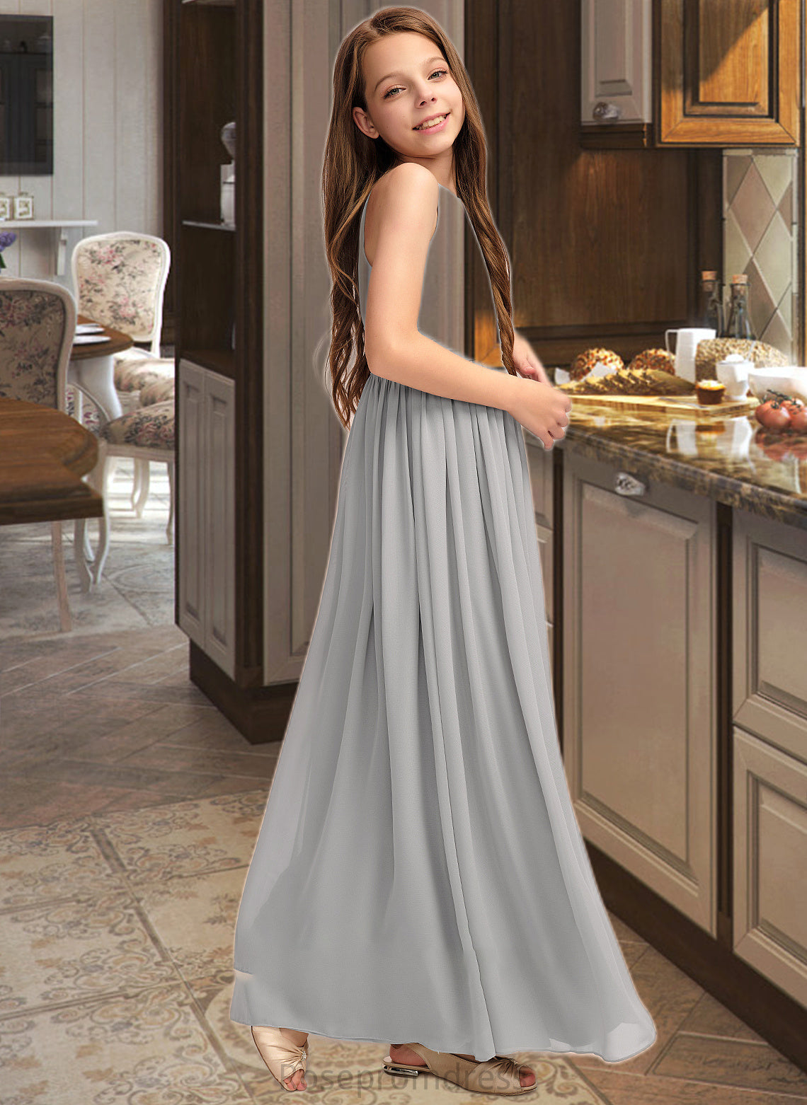 Alexus A-Line Scoop Neck Floor-Length Chiffon Junior Bridesmaid Dress With Ruffle SRSP0013325