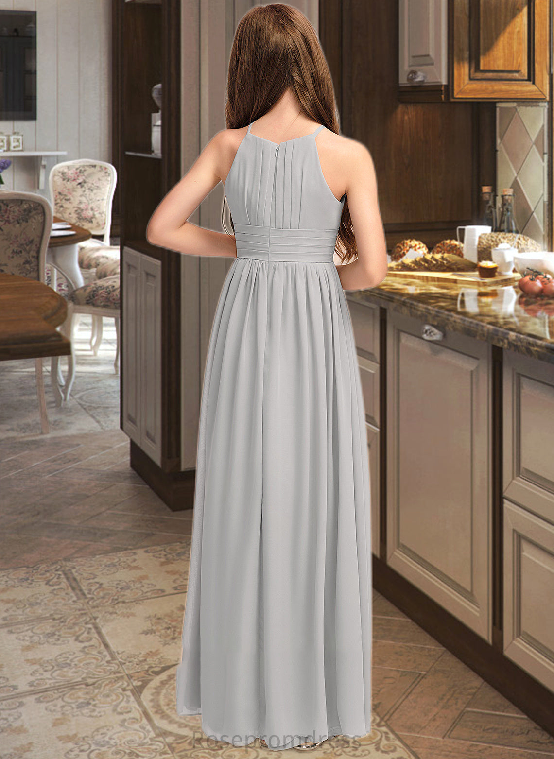 Alexus A-Line Scoop Neck Floor-Length Chiffon Junior Bridesmaid Dress With Ruffle SRSP0013325