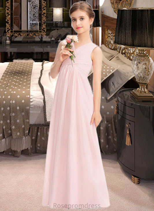 Leila A-Line V-neck Floor-Length Chiffon Junior Bridesmaid Dress With Ruffle SRSP0013328