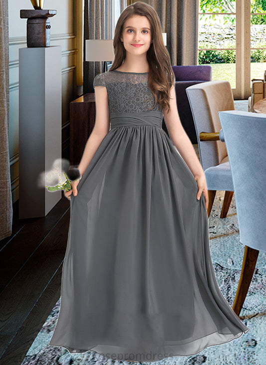 Libby A-Line Scoop Neck Floor-Length Chiffon Lace Junior Bridesmaid Dress With Ruffle SRSP0013331