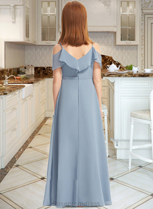 Leila A-Line Off-the-Shoulder Floor-Length Chiffon Junior Bridesmaid Dress With Ruffles SRSP0013334