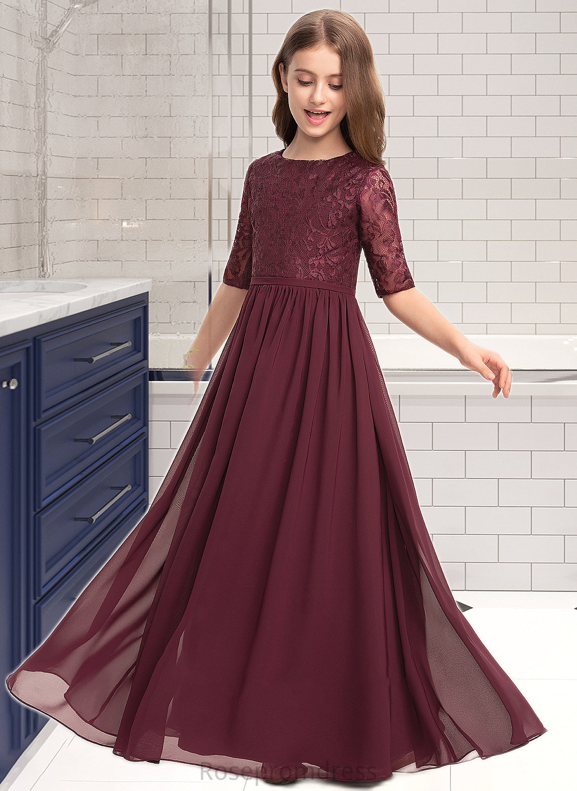 Mira A-Line Scoop Neck Floor-Length Chiffon Lace Junior Bridesmaid Dress SRSP0013336