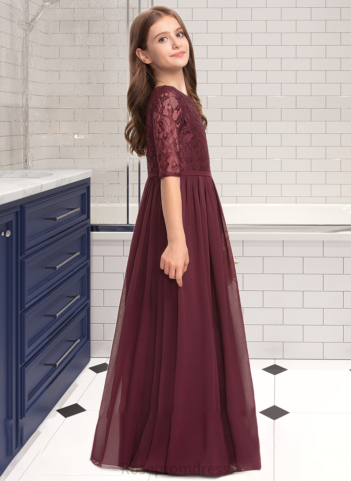 Mira A-Line Scoop Neck Floor-Length Chiffon Lace Junior Bridesmaid Dress SRSP0013336