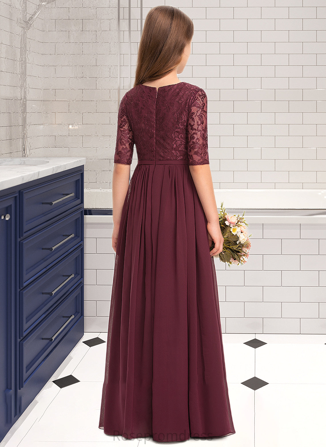 Mira A-Line Scoop Neck Floor-Length Chiffon Lace Junior Bridesmaid Dress SRSP0013336