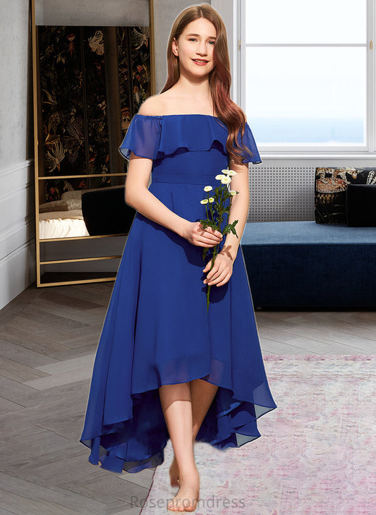 Phoebe A-Line Off-the-Shoulder Asymmetrical Chiffon Junior Bridesmaid Dress With Cascading Ruffles SRSP0013338