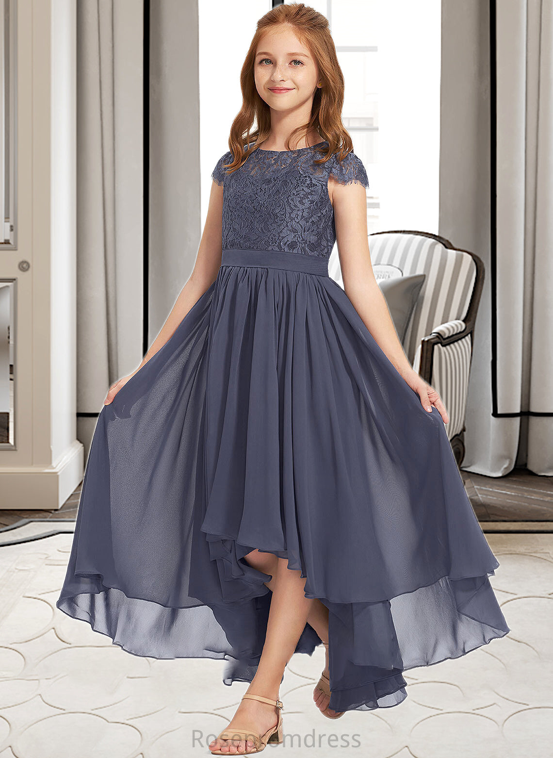 Jessica A-Line Scoop Neck Asymmetrical Chiffon Lace Junior Bridesmaid Dress SRSP0013341