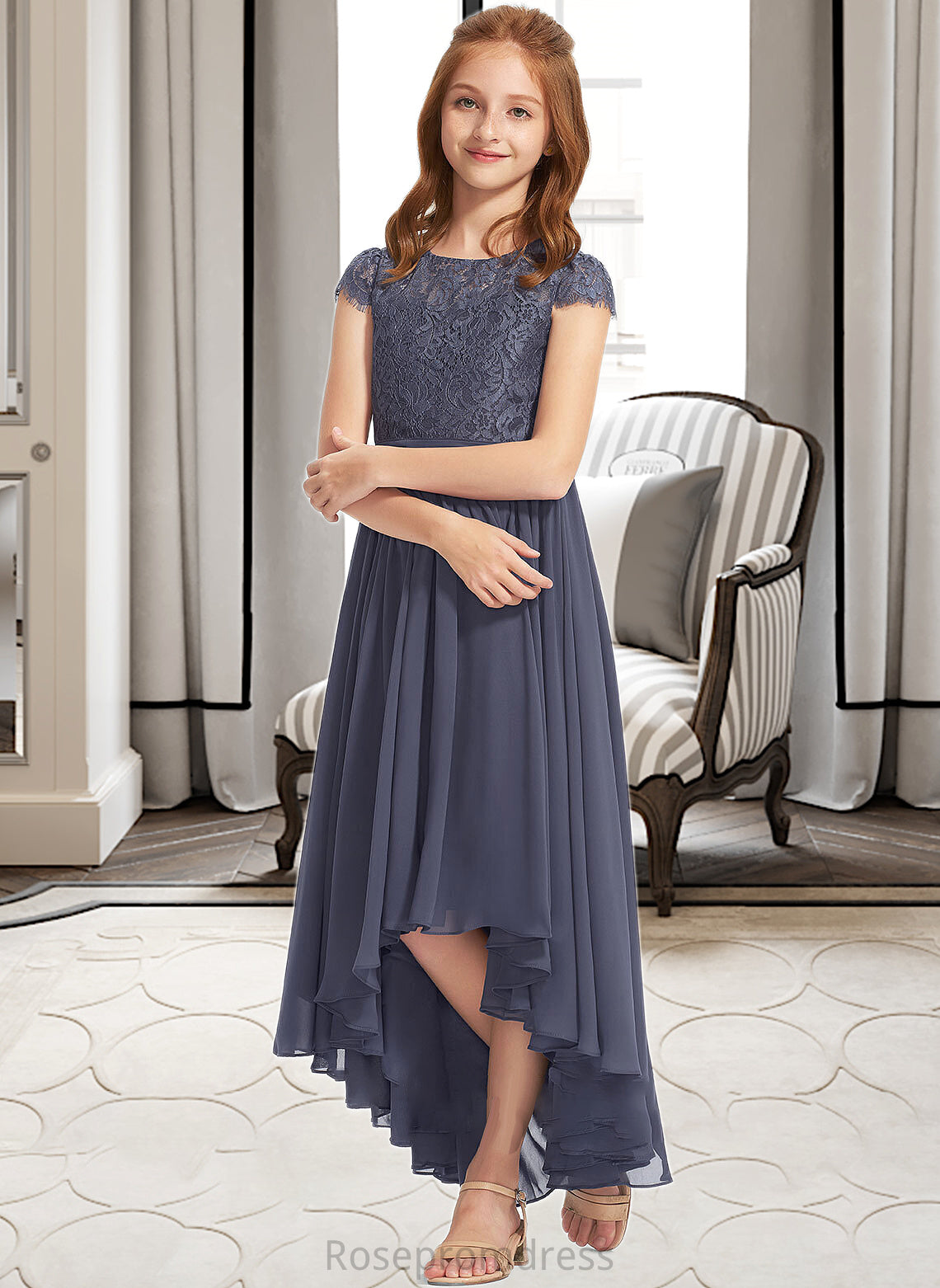 Jessica A-Line Scoop Neck Asymmetrical Chiffon Lace Junior Bridesmaid Dress SRSP0013341