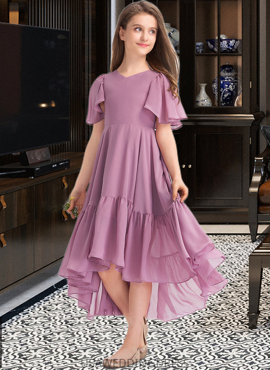 Mckinley A-Line V-neck Asymmetrical Chiffon Junior Bridesmaid Dress With Cascading Ruffles DSP0013342