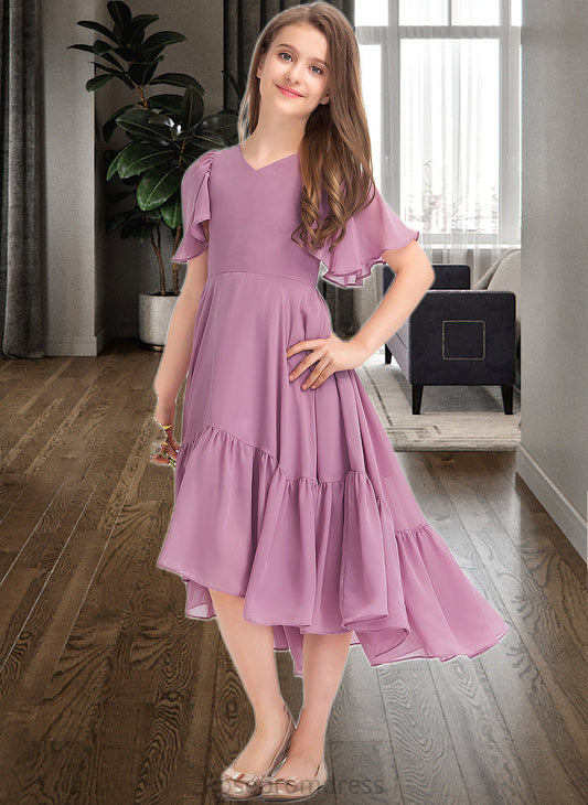 Fatima A-Line V-neck Asymmetrical Chiffon Junior Bridesmaid Dress With Cascading Ruffles SRSP0013342