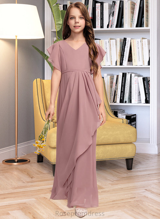 Presley A-Line V-neck Floor-Length Chiffon Junior Bridesmaid Dress With Cascading Ruffles SRSP0013343