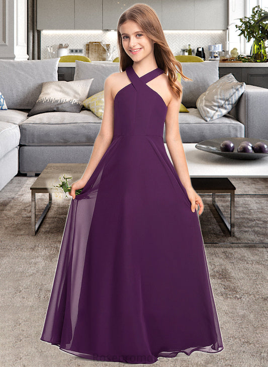 Lola A-Line V-neck Floor-Length Chiffon Junior Bridesmaid Dress SRSP0013346