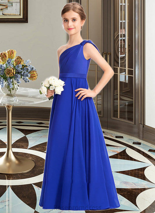 Nita A-Line One-Shoulder Floor-Length Chiffon Charmeuse Junior Bridesmaid Dress With Ruffle SRSP0013347
