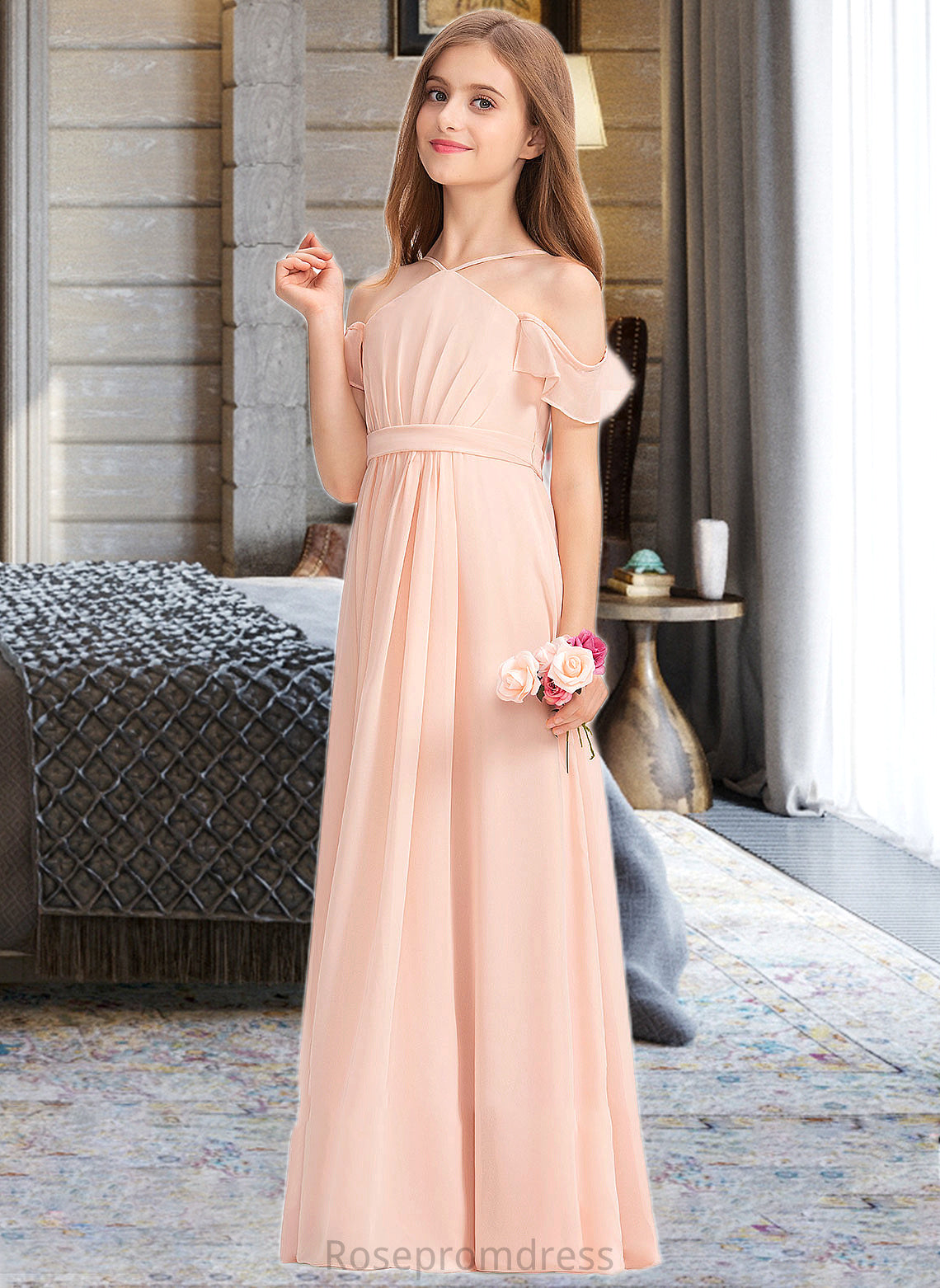 Alannah A-Line V-neck Floor-Length Chiffon Junior Bridesmaid Dress With Ruffle Bow(s) SRSP0013349