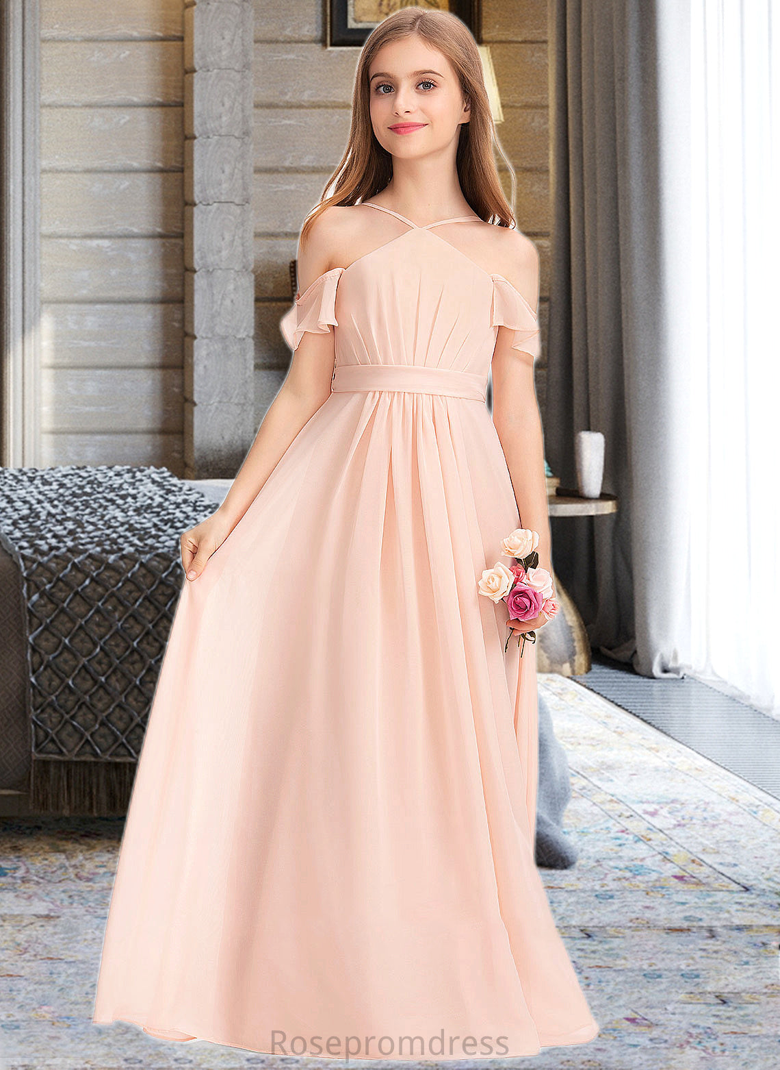 Alannah A-Line V-neck Floor-Length Chiffon Junior Bridesmaid Dress With Ruffle Bow(s) SRSP0013349