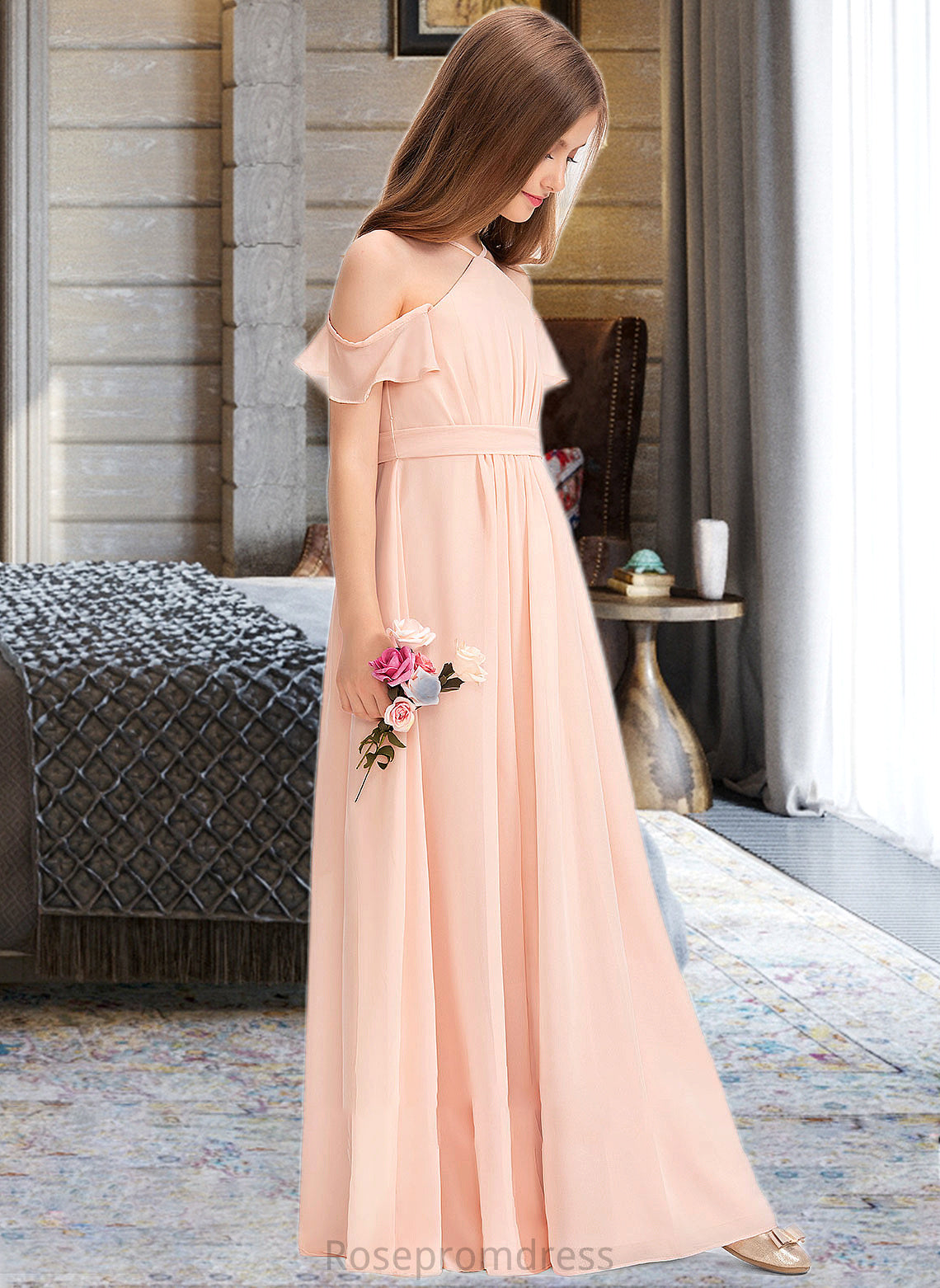 Alannah A-Line V-neck Floor-Length Chiffon Junior Bridesmaid Dress With Ruffle Bow(s) SRSP0013349