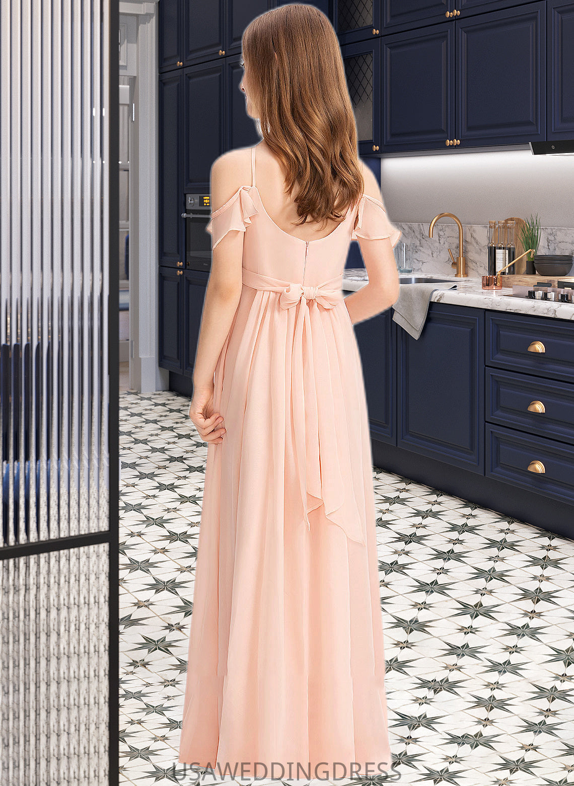 Amani A-Line V-neck Floor-Length Chiffon Junior Bridesmaid Dress With Ruffle Bow(s) DSP0013349