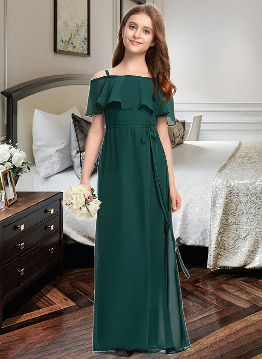 Iliana A-Line Off-the-Shoulder Floor-Length Chiffon Junior Bridesmaid Dress With Bow(s) SRSP0013359