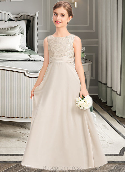 Whitney A-Line Scoop Neck Floor-Length Chiffon Lace Junior Bridesmaid Dress With Ruffle SRSP0013360