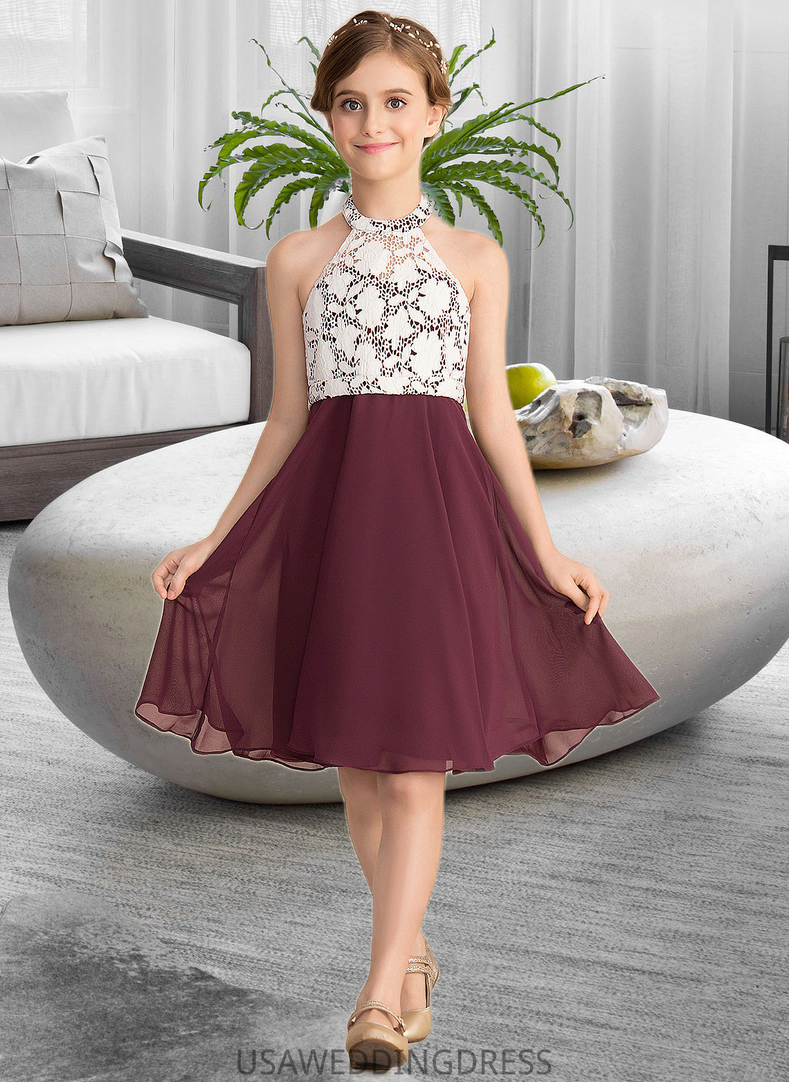 Anabel A-Line Scoop Neck Knee-Length Chiffon Lace Junior Bridesmaid Dress DSP0013366