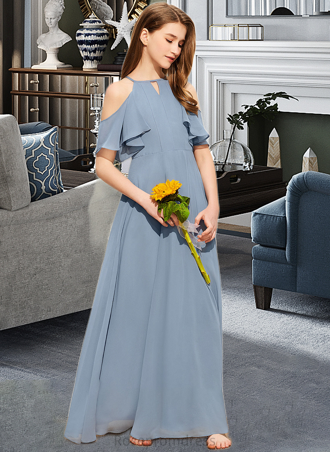 Sherlyn A-Line Scoop Neck Floor-Length Chiffon Junior Bridesmaid Dress With Cascading Ruffles SRSP0013367