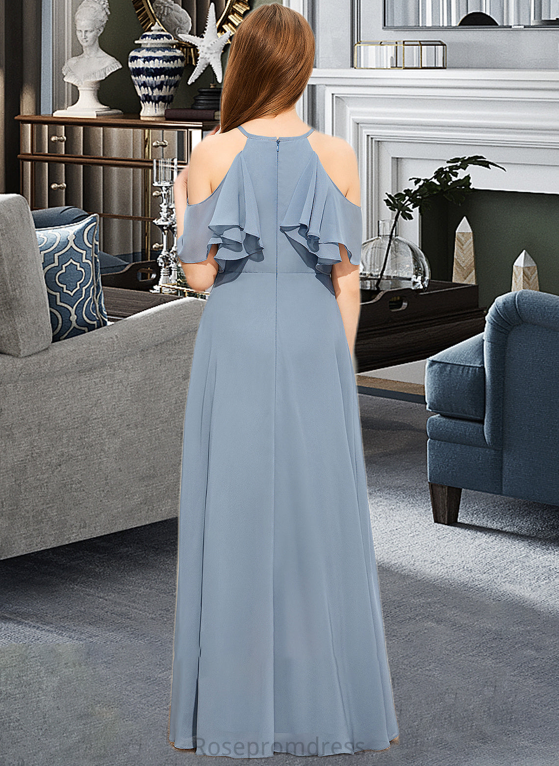 Sherlyn A-Line Scoop Neck Floor-Length Chiffon Junior Bridesmaid Dress With Cascading Ruffles SRSP0013367