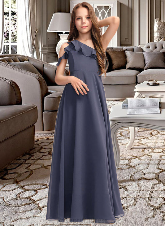 Louise A-Line One-Shoulder Floor-Length Chiffon Junior Bridesmaid Dress With Cascading Ruffles SRSP0013370