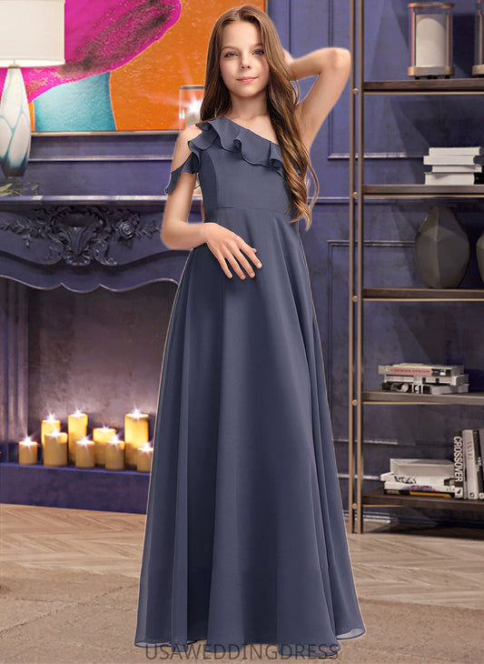 Briana A-Line One-Shoulder Floor-Length Chiffon Junior Bridesmaid Dress With Cascading Ruffles DSP0013370