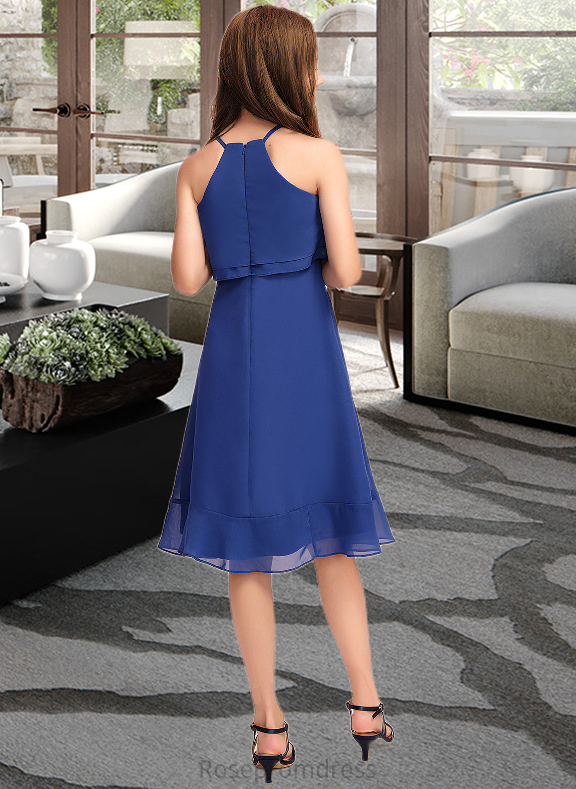 Josephine A-Line Scoop Neck Knee-Length Chiffon Junior Bridesmaid Dress With Cascading Ruffles SRSP0013371