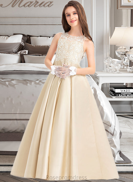 Mimi Ball-Gown/Princess Scoop Neck Floor-Length Satin Lace Junior Bridesmaid Dress SRSP0013374