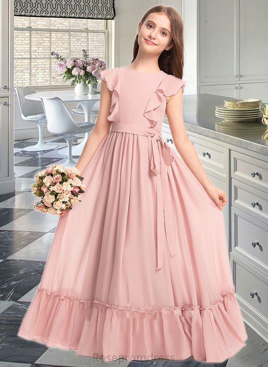 Jaidyn A-Line Scoop Neck Floor-Length Chiffon Junior Bridesmaid Dress With Bow(s) Cascading Ruffles SRSP0013375