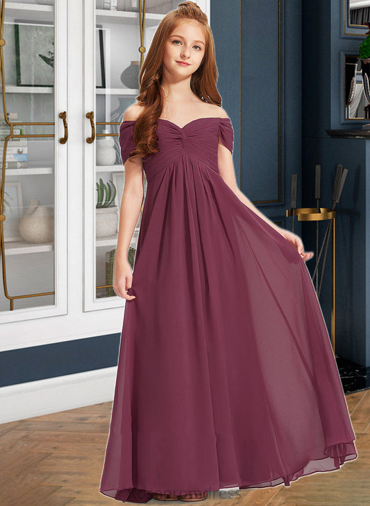 Madge A-Line Off-the-Shoulder Floor-Length Chiffon Junior Bridesmaid Dress With Ruffle SRSP0013376