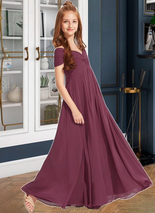 Madge A-Line Off-the-Shoulder Floor-Length Chiffon Junior Bridesmaid Dress With Ruffle SRSP0013376