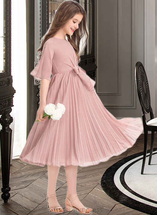 Riley A-Line Scoop Neck Knee-Length Chiffon Junior Bridesmaid Dress With Bow(s) Pleated SRSP0013377