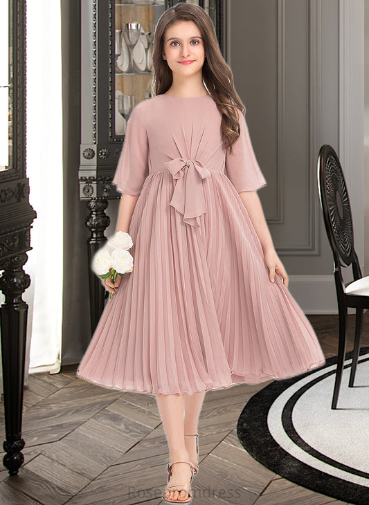 Riley A-Line Scoop Neck Knee-Length Chiffon Junior Bridesmaid Dress With Bow(s) Pleated SRSP0013377