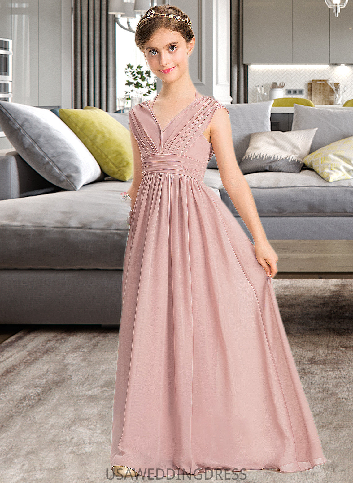 Mignon A-Line V-neck Floor-Length Chiffon Junior Bridesmaid Dress With Ruffle Bow(s) DSP0013378