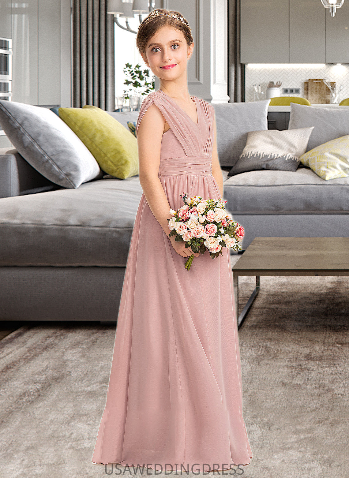 Mignon A-Line V-neck Floor-Length Chiffon Junior Bridesmaid Dress With Ruffle Bow(s) DSP0013378