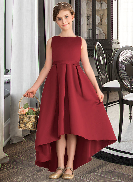 Kitty A-Line Scoop Neck Asymmetrical Satin Junior Bridesmaid Dress With Ruffle Pockets SRSP0013385
