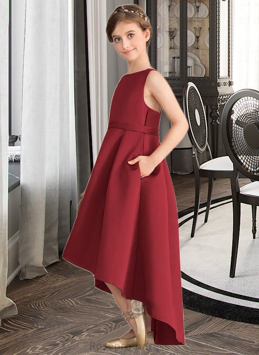 Kitty A-Line Scoop Neck Asymmetrical Satin Junior Bridesmaid Dress With Ruffle Pockets SRSP0013385