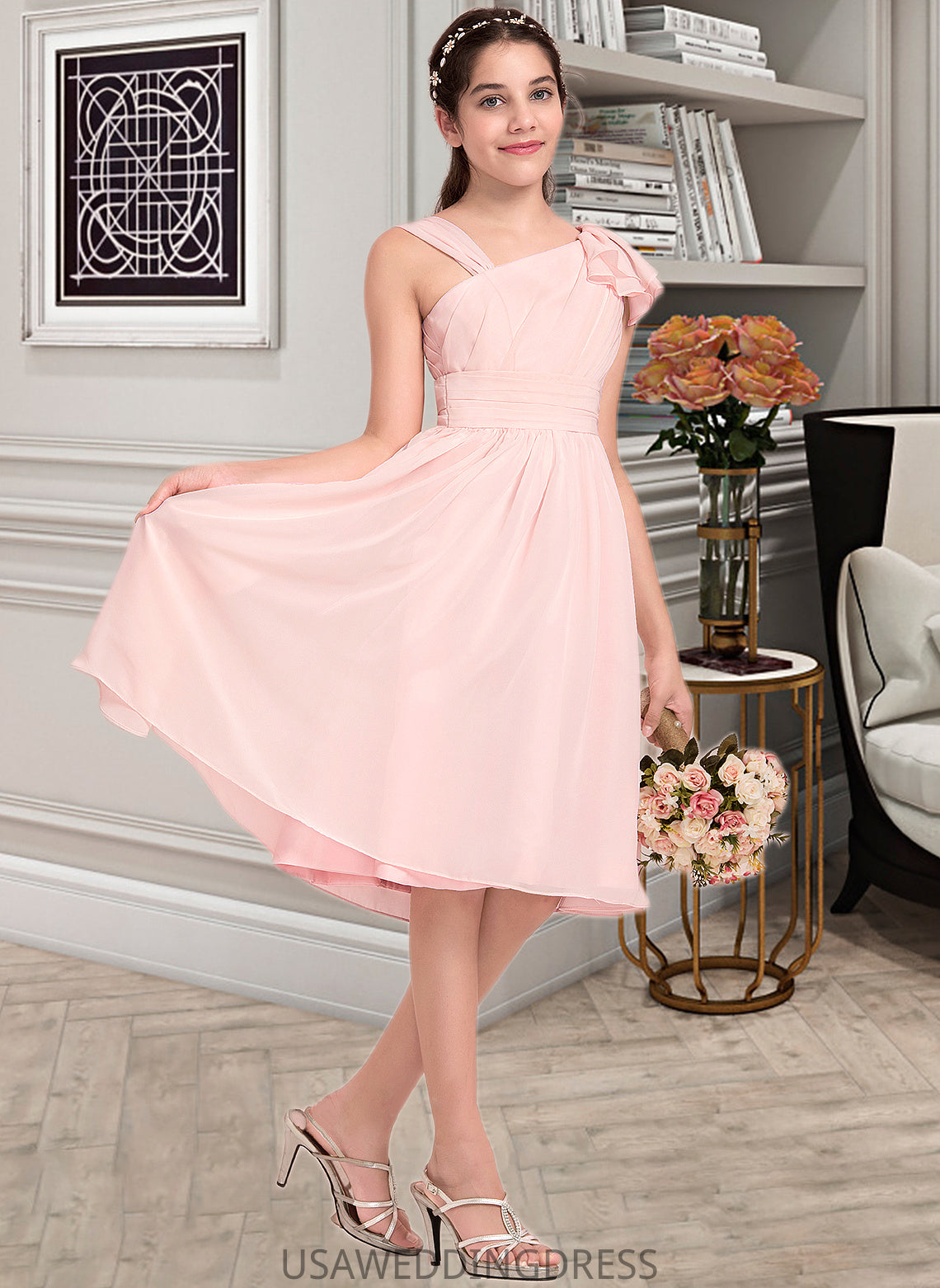 Lana A-Line V-neck Knee-Length Chiffon Junior Bridesmaid Dress With Cascading Ruffles DSP0013386