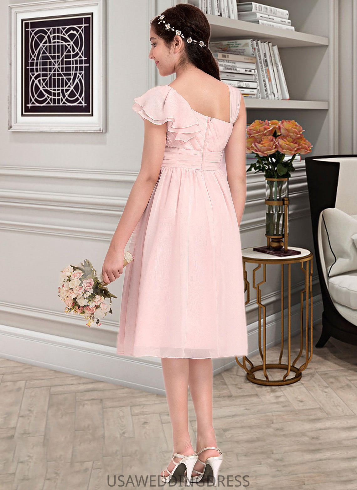 Lana A-Line V-neck Knee-Length Chiffon Junior Bridesmaid Dress With Cascading Ruffles DSP0013386