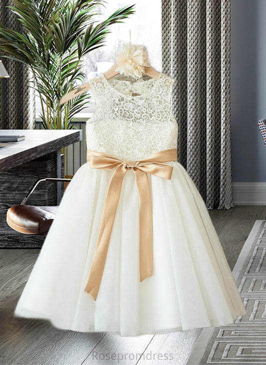 Yazmin A-Line Scoop Neck Knee-Length Tulle Junior Bridesmaid Dress With Sash Bow(s) SRSP0013387