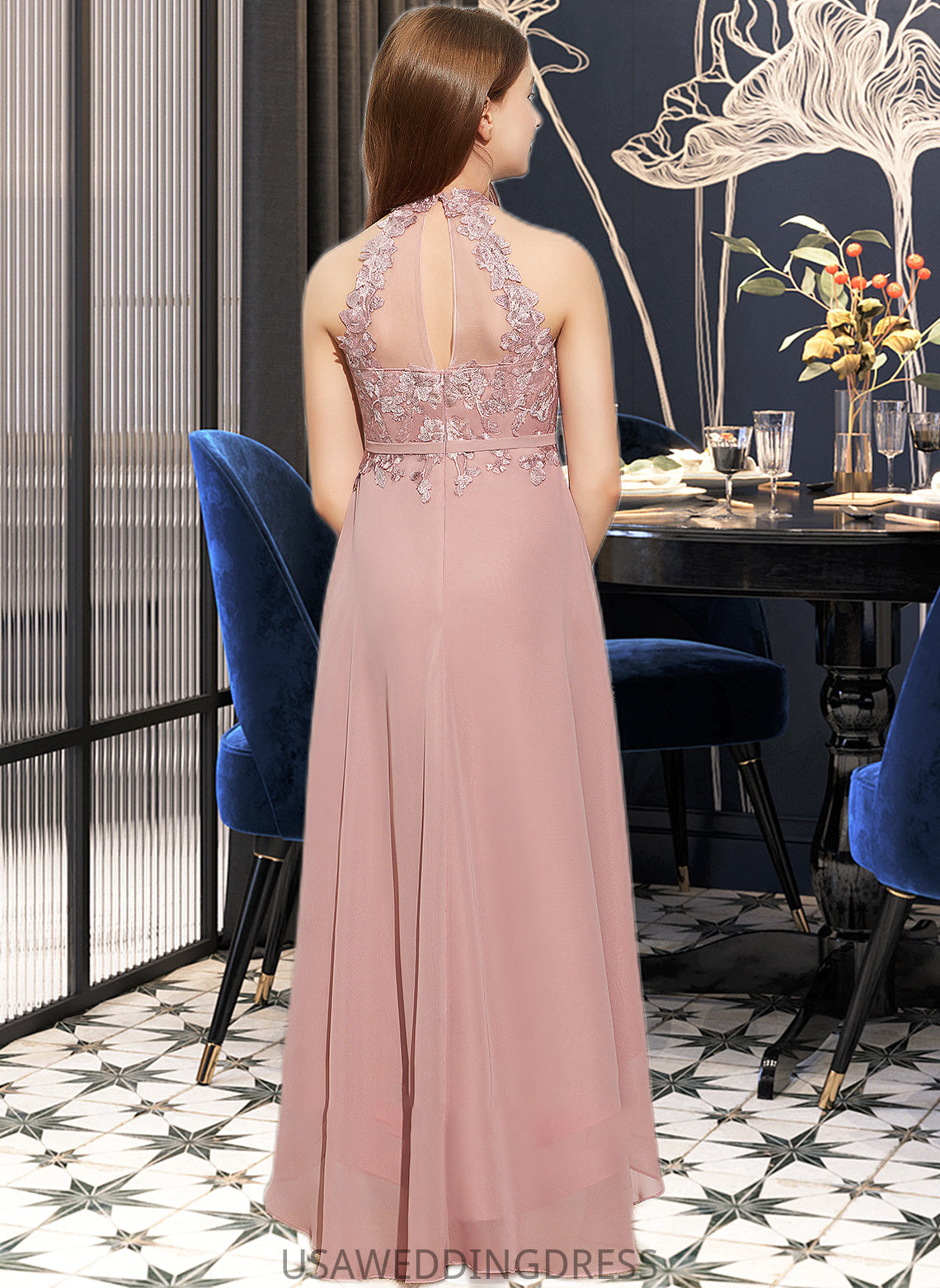 Kylee A-Line Scoop Neck Asymmetrical Chiffon Lace Junior Bridesmaid Dress DSP0013388