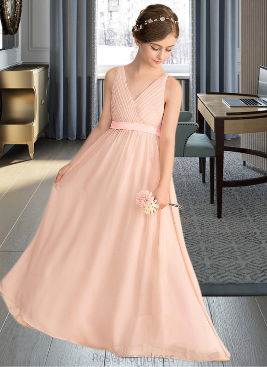 Kylie A-Line V-neck Floor-Length Chiffon Junior Bridesmaid Dress With Ruffle Bow(s) SRSP0013402